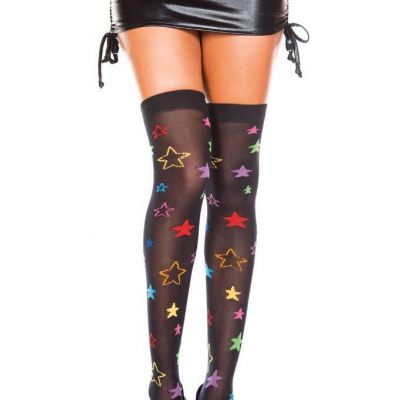 sexy MUSIC LEGS neon RAINBOW star PRINT sheer THIGH highs HI stockings PANTYHOSE